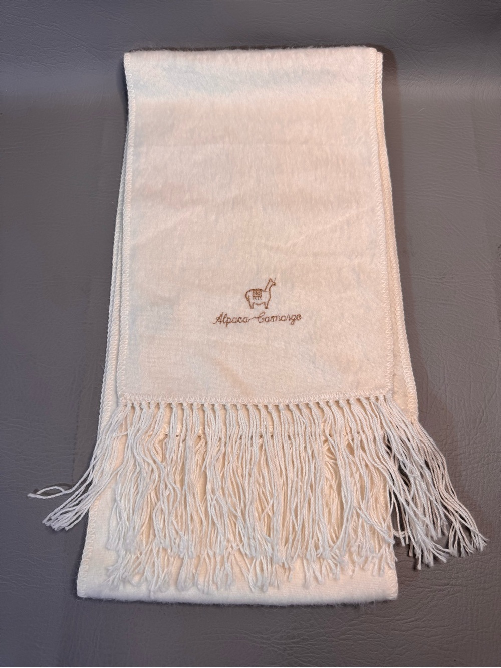 Alpaca Camargo Cream - Ivory Fringe Scarf 9”x68” Peru Embroidered Llama